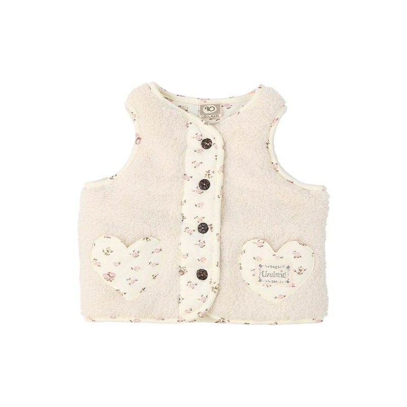 ガールズ フリースベスト 中綿入り マイクロファイバー 長袖 女の子 キッズ ベビー ( 80-130cm )【 UZULAND ウズランド 】 保温 防寒 中わた 暖かい ボア アウター ブルゾン 羽織り レイヤード 重ね着 ピンク アイボリー 秋物 80cm 90cm 95cm 100cm 110cm 120cm 130cm