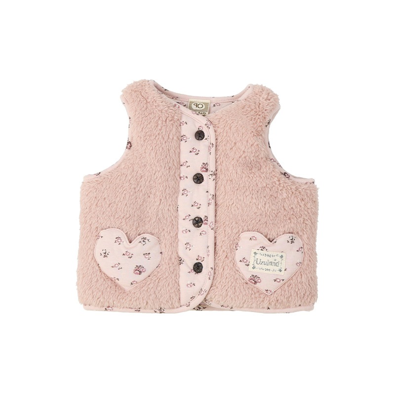ガールズ フリースベスト 中綿入り マイクロファイバー 長袖 女の子 キッズ ベビー ( 80-130cm )【 UZULAND ウズランド 】 保温 防寒 中わた 暖かい ボア アウター ブルゾン 羽織り レイヤード 重ね着 ピンク アイボリー 秋物 80cm 90cm 95cm 100cm 110cm 120cm 130cm
