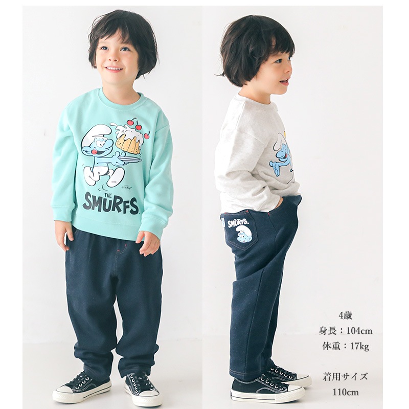キッズ パンツ 裏起毛 男の子 女の子 スマーフ 子供服 デニム風 チノパン風 ボトムス プリント ( 80-130cm) 【SMURFS】 長ズボン キッズ ベビー アニメ キャラクター 冬物 80cm 90cm 95cm 100cm 110cm 120cm 130cm