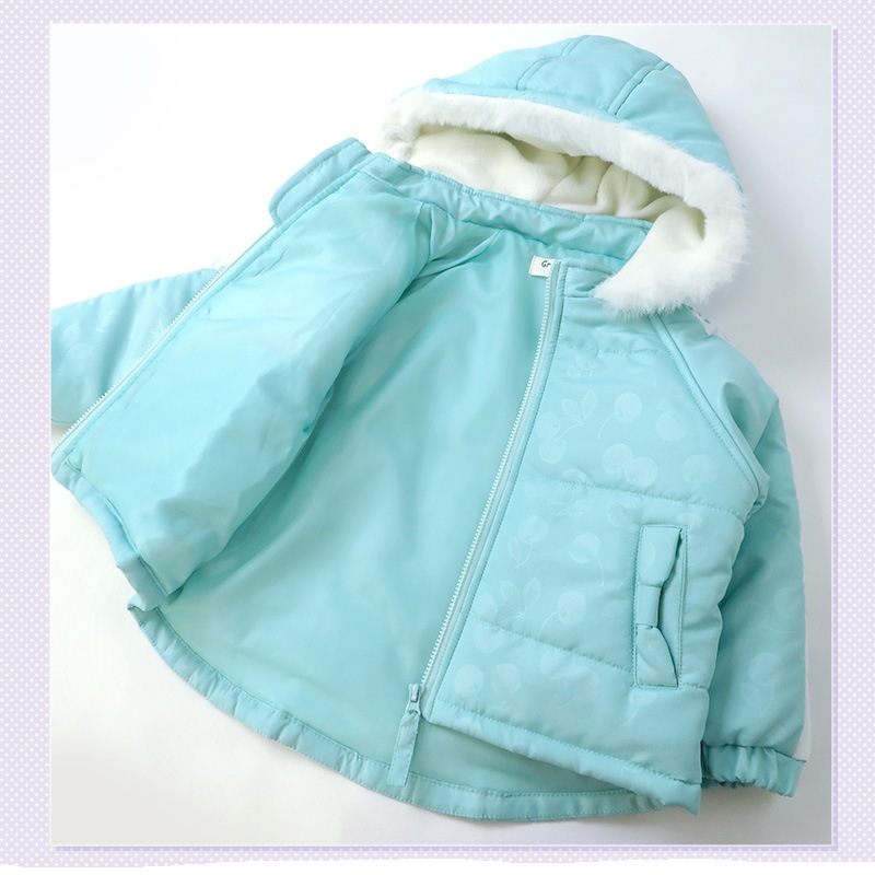 コート キッズ 中綿 ジャケット ショート丈 フード付き チェリー くだもの柄 女の子 あったか 防寒 撥水加工 ( 100-130cm )【 GrinLab グリンラボ 】 ウインドブレーカー スノーウェア スノーボード 雪遊び 冬 100cm 110cm 120cm 130cm