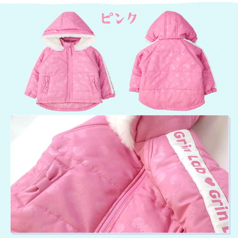 コート キッズ 中綿 ジャケット ショート丈 フード付き チェリー くだもの柄 女の子 あったか 防寒 撥水加工 ( 100-130cm )【 GrinLab グリンラボ 】 ウインドブレーカー スノーウェア スノーボード 雪遊び 冬 100cm 110cm 120cm 130cm