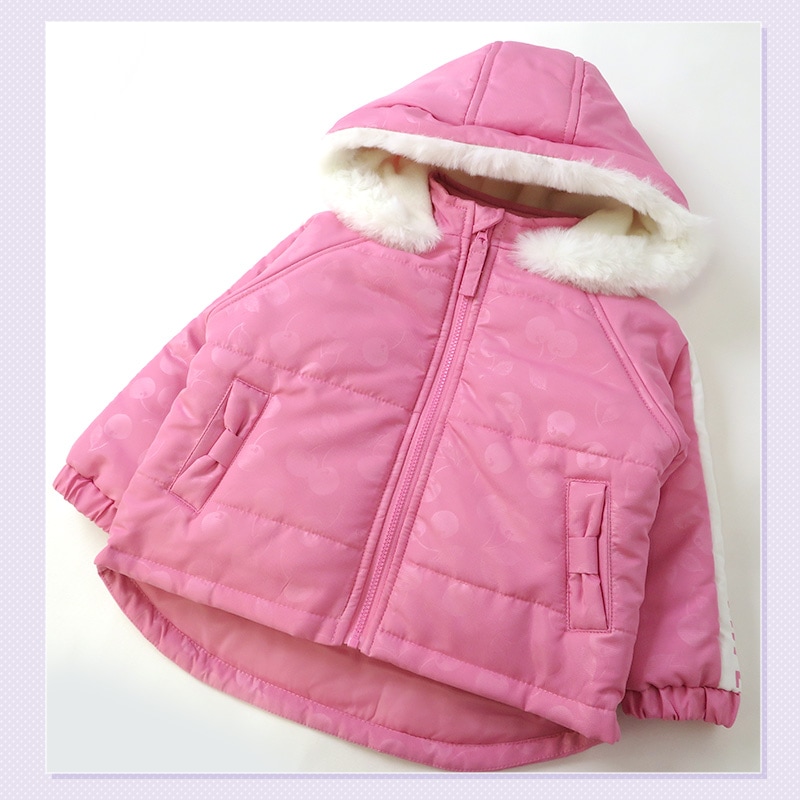 コート キッズ 中綿 ジャケット ショート丈 フード付き チェリー くだもの柄 女の子 あったか 防寒 撥水加工 ( 100-130cm )【 GrinLab グリンラボ 】 ウインドブレーカー スノーウェア スノーボード 雪遊び 冬 100cm 110cm 120cm 130cm