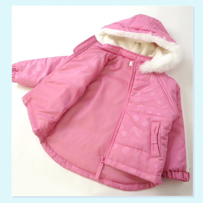 コート キッズ 中綿 ジャケット ショート丈 フード付き チェリー くだもの柄 女の子 あったか 防寒 撥水加工 ( 100-130cm )【 GrinLab グリンラボ 】 ウインドブレーカー スノーウェア スノーボード 雪遊び 冬 100cm 110cm 120cm 130cm