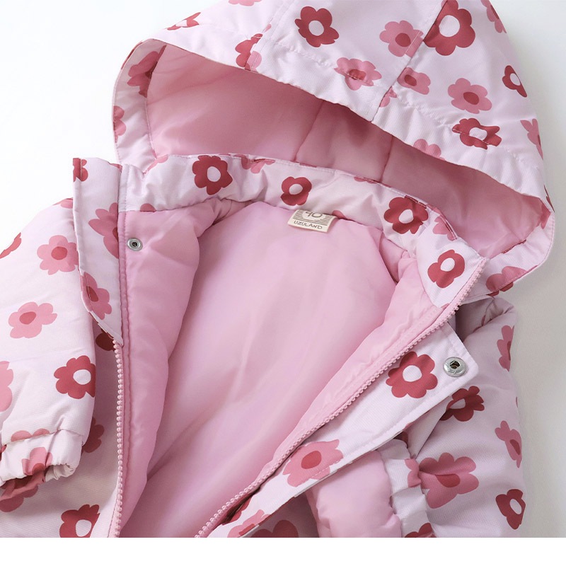 キッズ ベビー ジャンプスーツ 女の子 中綿入り 防寒 保温 撥水加工 ( 80-120cm )【 UZULAND ウズランド 】 フード アウター ジャケット スノーウェア スキーウェア スノーコンビ つなぎ 雪遊び 外遊び 冬 苺 いちご イチゴ 花 フラワー 80cm 90cm 95cm 100cm 110cm 120cm
