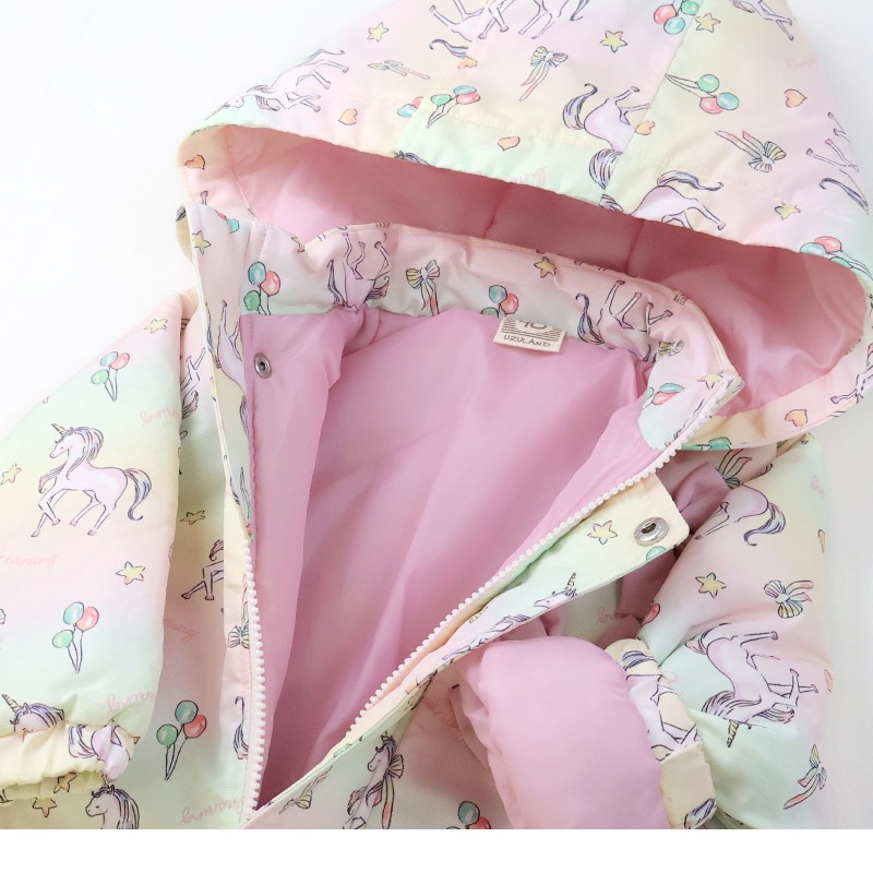 キッズ ベビー ジャンプスーツ 女の子 中綿入り 防寒 保温 撥水加工 ( 80-120cm )【 UZULAND ウズランド 】 フード アウター ジャケット スノーウェア スキーウェア スノーコンビ つなぎ 雪遊び 外遊び 冬 苺 いちご イチゴ 花 フラワー 80cm 90cm 95cm 100cm 110cm 120cm