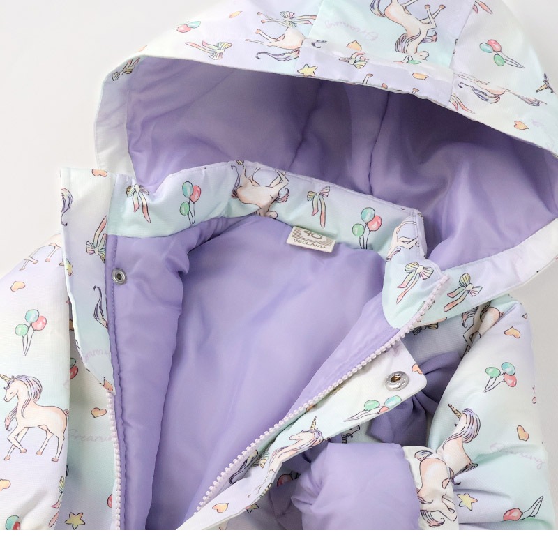 キッズ ベビー ジャンプスーツ 女の子 中綿入り 防寒 保温 撥水加工 ( 80-120cm )【 UZULAND ウズランド 】 フード アウター ジャケット スノーウェア スキーウェア スノーコンビ つなぎ 雪遊び 外遊び 冬 苺 いちご イチゴ 花 フラワー 80cm 90cm 95cm 100cm 110cm 120cm