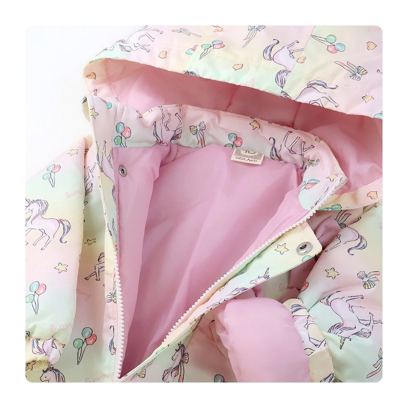 キッズ ベビー ジャンプスーツ 女の子 中綿入り 防寒 保温 撥水加工 ( 80-120cm )【 UZULAND ウズランド 】 フード アウター ジャケット スノーウェア スキーウェア スノーコンビ つなぎ 雪遊び 外遊び 冬 苺 いちご イチゴ 花 フラワー 80cm 90cm 95cm 100cm 110cm 120cm