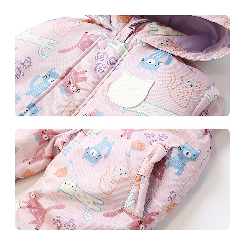 キッズ ベビー ジャンプスーツ 女の子 中綿入り 防寒 保温 撥水加工 ( 80-120cm )【 UZULAND ウズランド 】 フード アウター ジャケット スノーウェア スキーウェア スノーコンビ つなぎ 雪遊び 外遊び 冬 苺 いちご イチゴ 花 フラワー 80cm 90cm 95cm 100cm 110cm 120cm