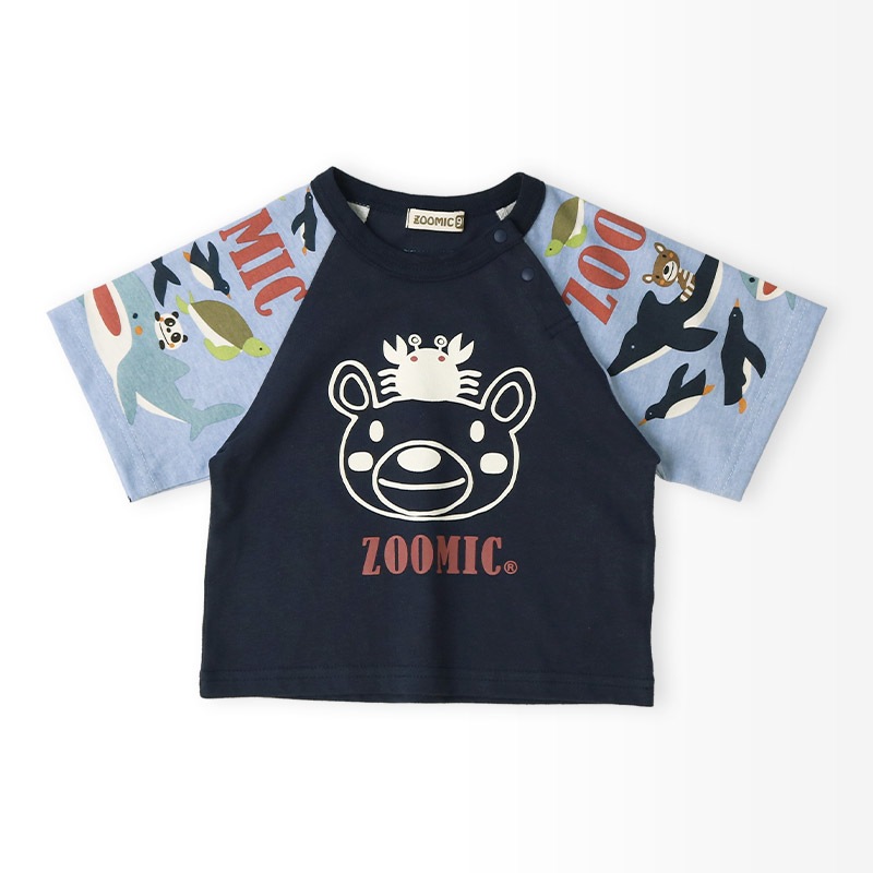 キッズ Tシャツ 半袖 ラグランT アニマル 動物 海の生き物 くま 男の子 女の子【ZOOMIC ズーミック】 ベビー トップス カットソー サメ シャーク 亀 カメ カニ 天竺 プリント バックプリント キャラクター クマ 白 ネイビー 子ども 80 90 95 100 110 120 130