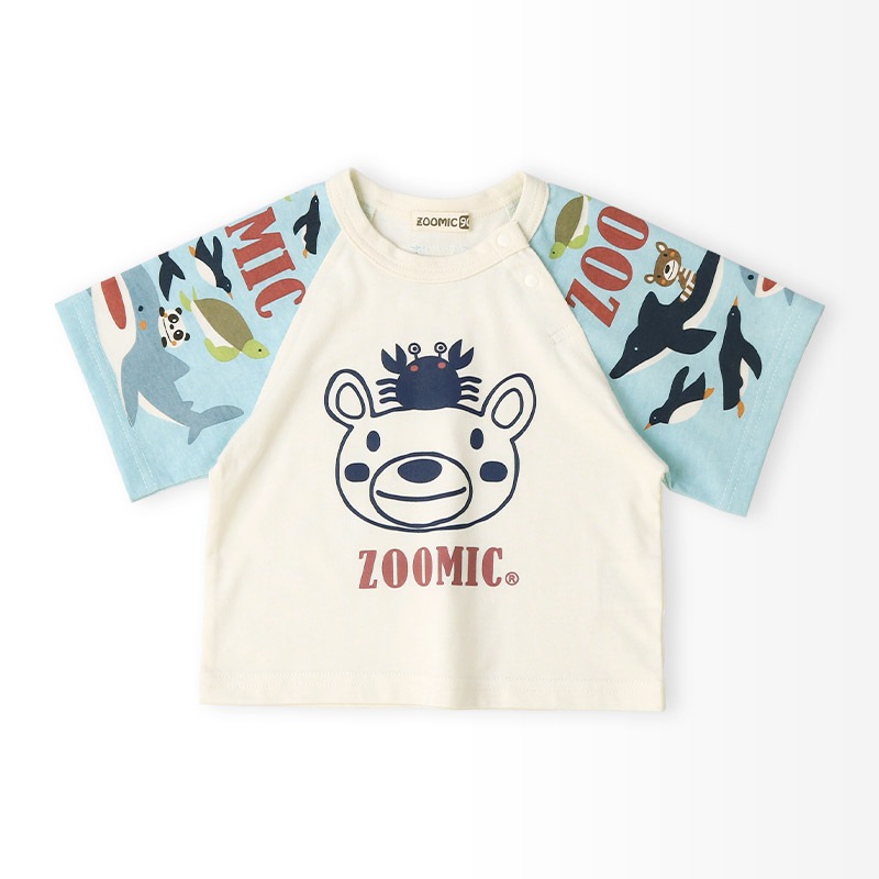 キッズ Tシャツ 半袖 ラグランT アニマル 動物 海の生き物 くま 男の子 女の子【ZOOMIC ズーミック】 ベビー トップス カットソー サメ シャーク 亀 カメ カニ 天竺 プリント バックプリント キャラクター クマ 白 ネイビー 子ども 80 90 95 100 110 120 130