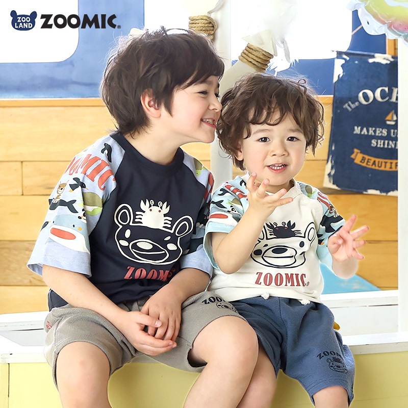 キッズ Tシャツ 半袖 ラグランT アニマル 動物 海の生き物 くま 男の子 女の子【ZOOMIC ズーミック】 ベビー トップス カットソー サメ シャーク 亀 カメ カニ 天竺 プリント バックプリント キャラクター クマ 白 ネイビー 子ども 80 90 95 100 110 120 130