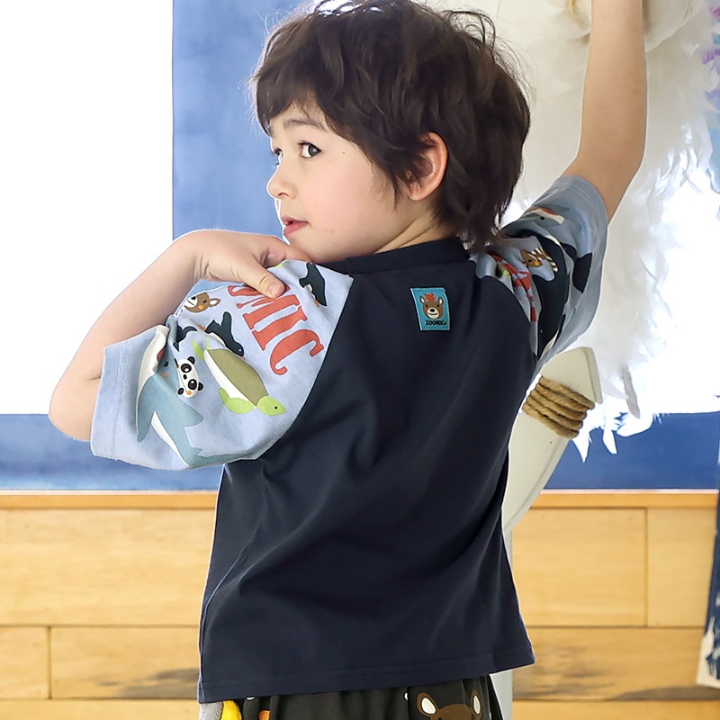 キッズ Tシャツ 半袖 ラグランT アニマル 動物 海の生き物 くま 男の子 女の子【ZOOMIC ズーミック】 ベビー トップス カットソー サメ シャーク 亀 カメ カニ 天竺 プリント バックプリント キャラクター クマ 白 ネイビー 子ども 80 90 95 100 110 120 130