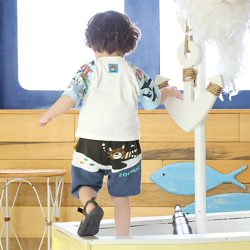 キッズ Tシャツ 半袖 ラグランT アニマル 動物 海の生き物 くま 男の子 女の子【ZOOMIC ズーミック】 ベビー トップス カットソー サメ シャーク 亀 カメ カニ 天竺 プリント バックプリント キャラクター クマ 白 ネイビー 子ども 80 90 95 100 110 120 130