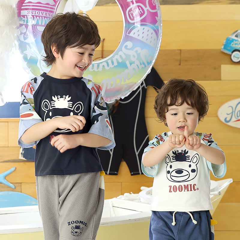 キッズ Tシャツ 半袖 ラグランT アニマル 動物 海の生き物 くま 男の子 女の子【ZOOMIC ズーミック】 ベビー トップス カットソー サメ シャーク 亀 カメ カニ 天竺 プリント バックプリント キャラクター クマ 白 ネイビー 子ども 80 90 95 100 110 120 130