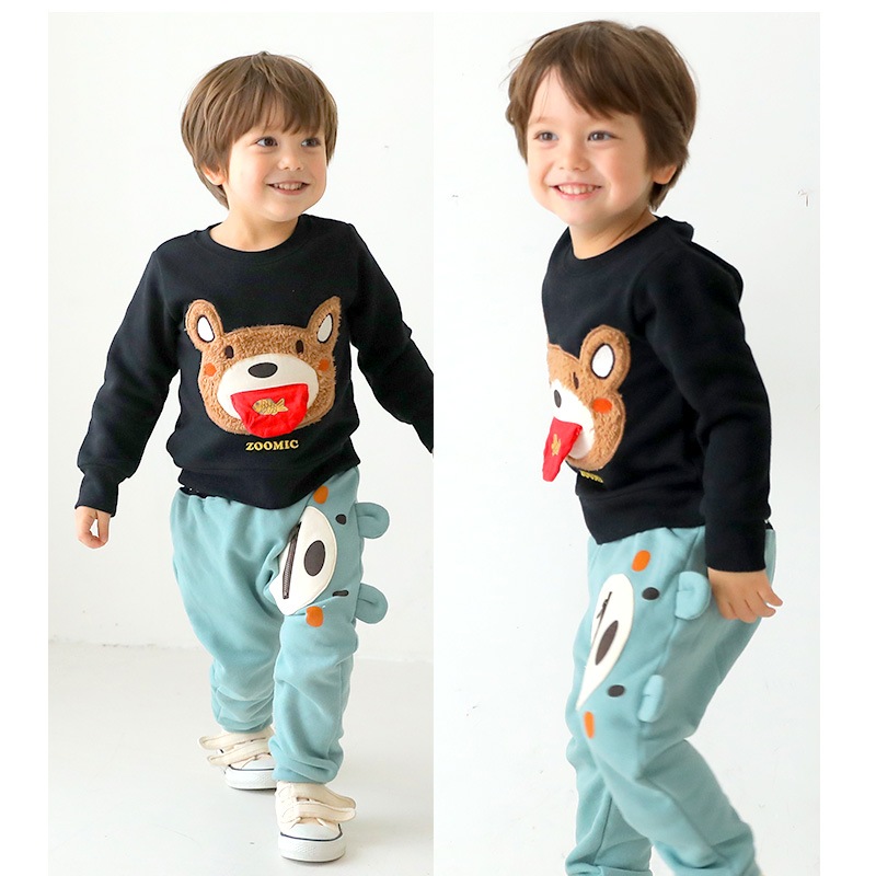 子供服 トレーナー 裏起毛 キッズ くま もこもこ刺繍 ボーイズ トップス 綿100% 長袖 ( 80-130cm) 【ZOOMIC】 ズーミック 男の子 裏毛 ベビー アニマル ゆったり おしゃれ 冬物 80cm 90cm 95cm 100cm 110cm 120cm 130cm