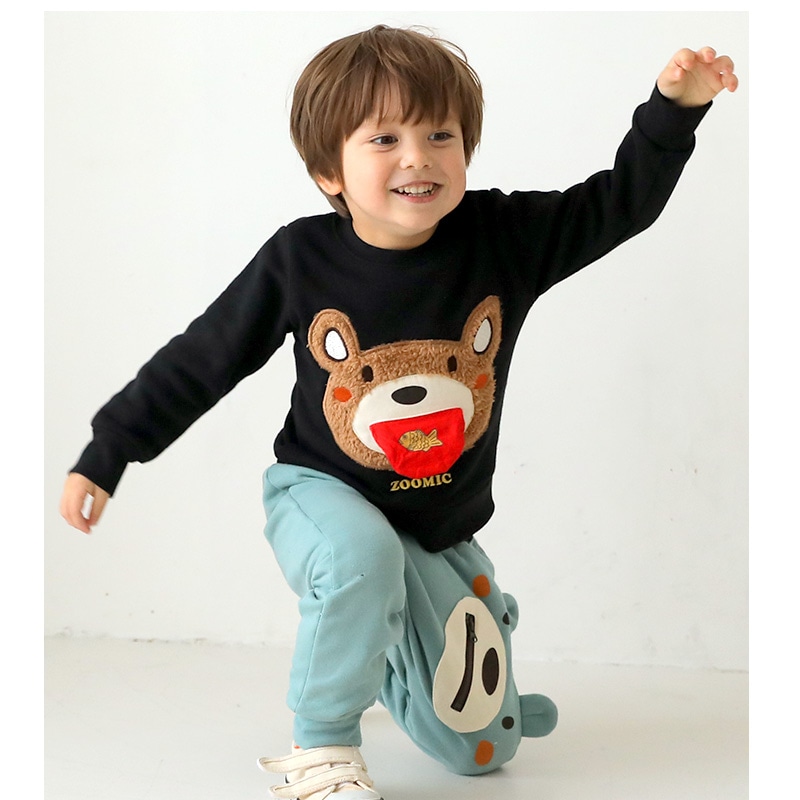 子供服 トレーナー 裏起毛 キッズ くま もこもこ刺繍 ボーイズ トップス 綿100% 長袖 ( 80-130cm) 【ZOOMIC】 ズーミック 男の子 裏毛 ベビー アニマル ゆったり おしゃれ 冬物 80cm 90cm 95cm 100cm 110cm 120cm 130cm
