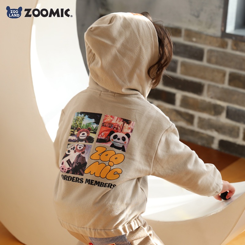 キッズ ジップパーカー 長袖 裏毛 スウェット アニマル 動物 くま パンダ 男の子 女の子【ZOOMIC ズーミック】 ベビー トップス カットソー プリント バックプリント 肩ボタン ポケット キャラクター 車 くるま グレー ベージュ 80cm 90cm 95cm 100cm 110cm 120cm 130cm