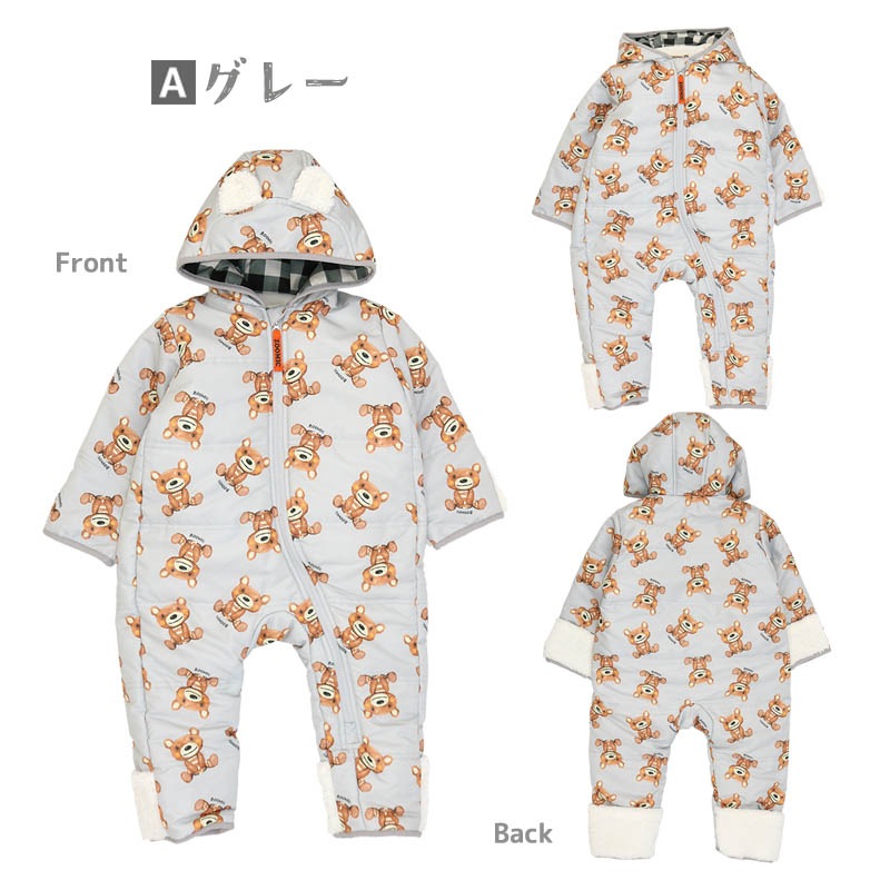 ジャンプスーツ おくるみ ベビー あったか 防寒 男の子 女の子 撥水加工 ( 70-90cm )【 ZOOMIC ズーミック 】 フード 耳 アニマル くま 裏起毛 着ぐるみ 総柄 防寒着 アウター スキーウェア スノーコンビ カバーオール 70cm 80cm 90cm