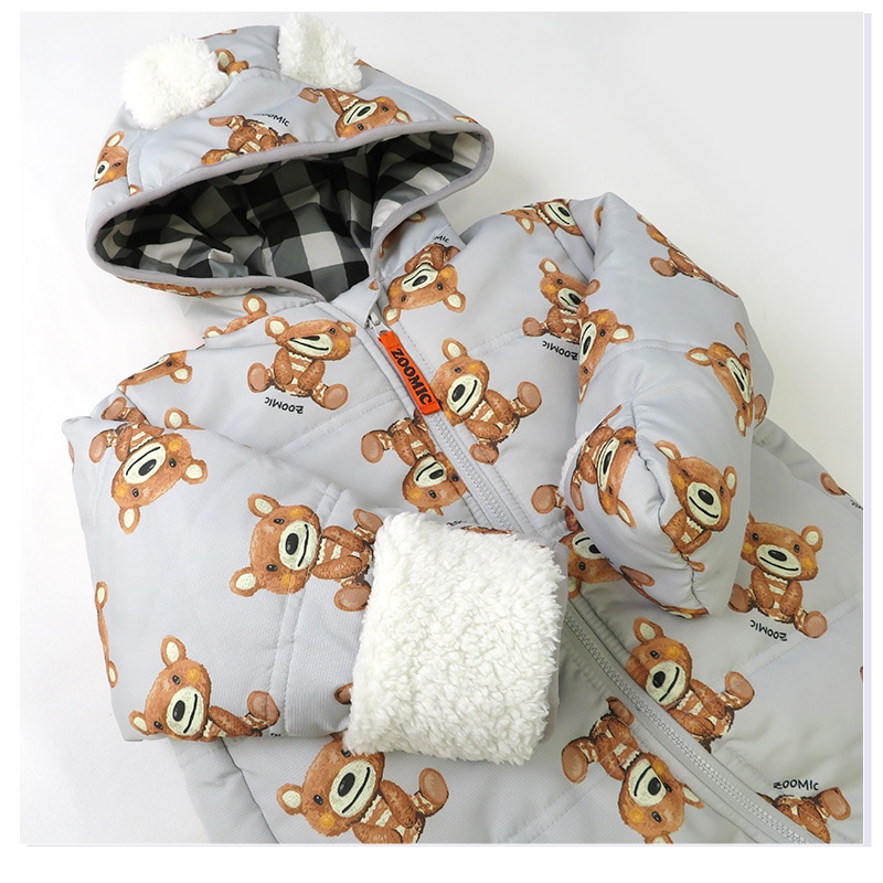 ジャンプスーツ おくるみ ベビー あったか 防寒 男の子 女の子 撥水加工 ( 70-90cm )【 ZOOMIC ズーミック 】 フード 耳 アニマル くま 裏起毛 着ぐるみ 総柄 防寒着 アウター スキーウェア スノーコンビ カバーオール 70cm 80cm 90cm
