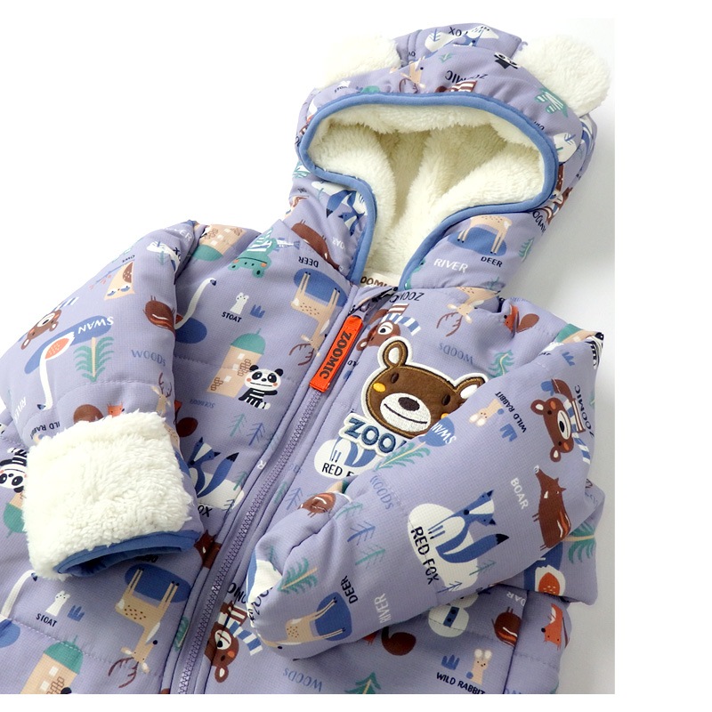 ジャンプスーツ おくるみ ベビー あったか 防寒 男の子 女の子 撥水加工 ( 70-90cm )【 ZOOMIC ズーミック 】 フード 耳 アニマル くま 裏起毛 着ぐるみ 総柄 防寒着 アウター スキーウェア スノーコンビ カバーオール 70cm 80cm 90cm