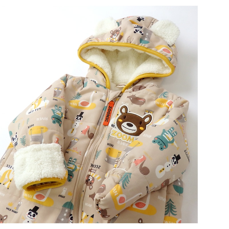 ジャンプスーツ おくるみ ベビー あったか 防寒 男の子 女の子 撥水加工 ( 70-90cm )【 ZOOMIC ズーミック 】 フード 耳 アニマル くま 裏起毛 着ぐるみ 総柄 防寒着 アウター スキーウェア スノーコンビ カバーオール 70cm 80cm 90cm
