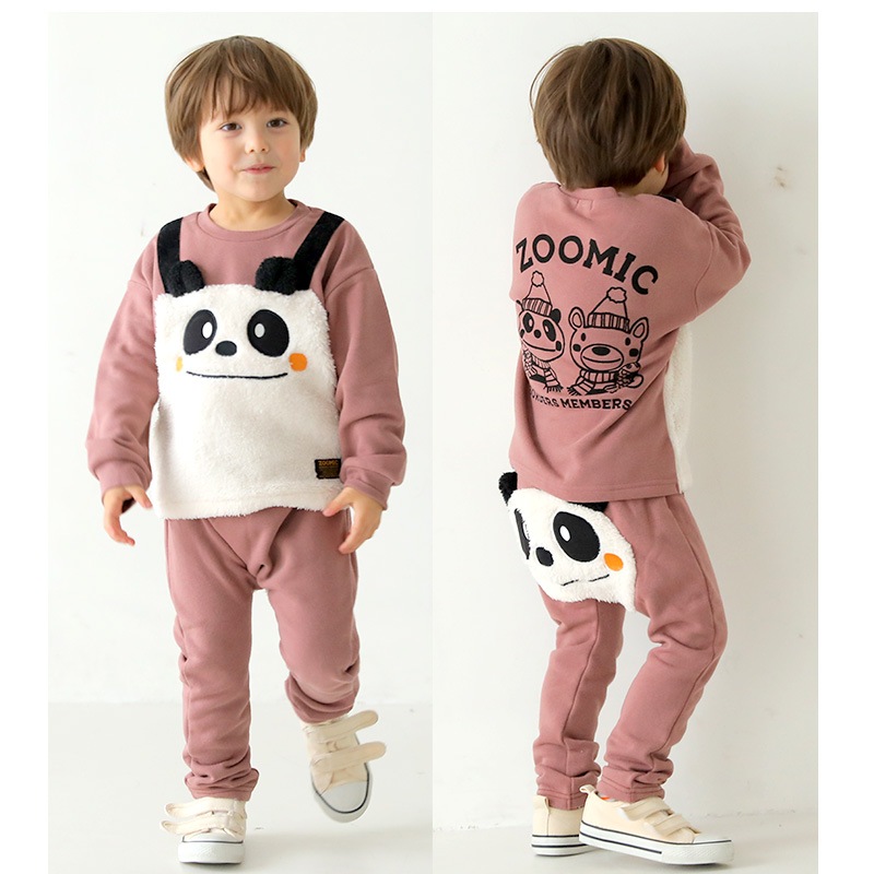 子供服 トレーナー 裏起毛 キッズ ( 80-130cm) くま パンダ 重ね着風 レイヤード風 もこもこ ボア ボーイズ トップス 綿100% 長袖 【ZOOMIC】 ズーミック 男の子 キッズ ベビー アニマル くすみ ゆったり 冬物 80 90 95 100 110 120 130 