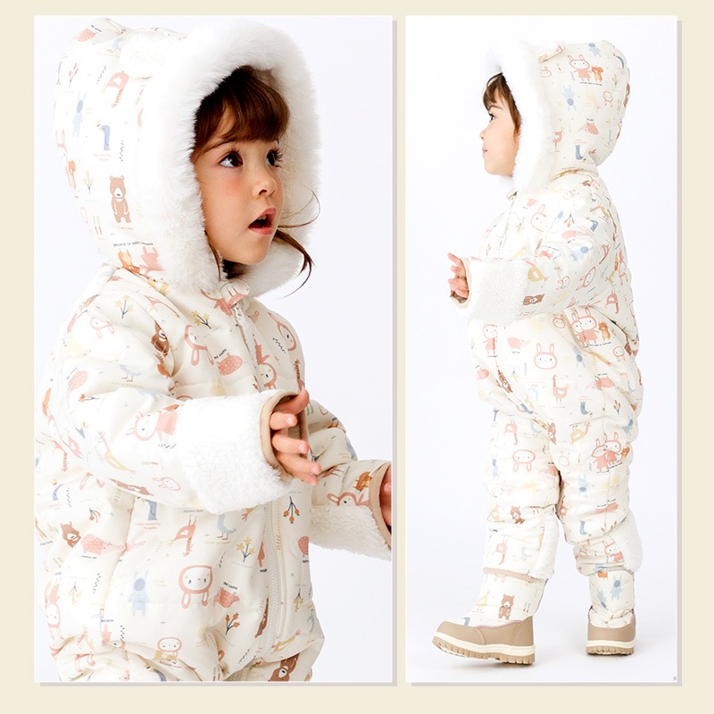 ジャンプスーツ おくるみ ベビー 防寒 男の子 女の子 撥水加工 ( 70-90cm )【 UZULAND ウズランド 】 フード 耳 アニマル うさぎ 兎 裏起毛 着ぐるみ 総柄 防寒着 アウター スキーウェア スノーウェア スノーコンビ キッズ 70cm 80cm 90cm