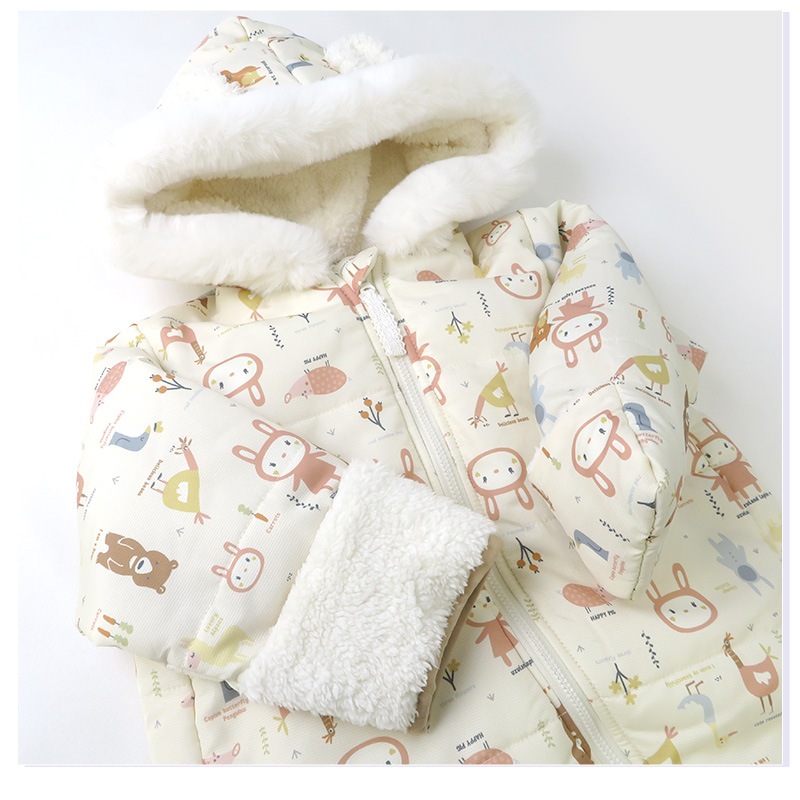 ジャンプスーツ おくるみ ベビー 防寒 男の子 女の子 撥水加工 ( 70-90cm )【 UZULAND ウズランド 】 フード 耳 アニマル うさぎ 兎 裏起毛 着ぐるみ 総柄 防寒着 アウター スキーウェア スノーウェア スノーコンビ キッズ 70cm 80cm 90cm