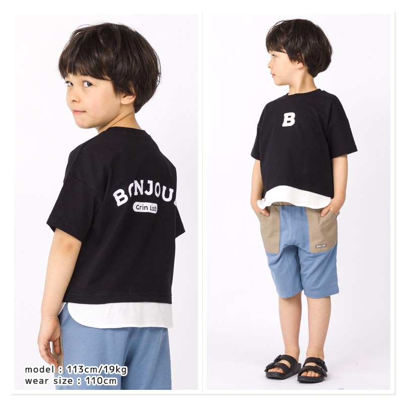 キッズ Tシャツ 子供服 半袖 男の子 トップス プリント デザイン Ｔシャツ ( 80-130cm ) 【 GrinLab グリンラボ 】重ね着風 レイヤード 切替 バックプリント ベビー ボーイズ 夏服 カジュアル 80cm 90cm 95cm 100cm 110cm 120cm 130cm