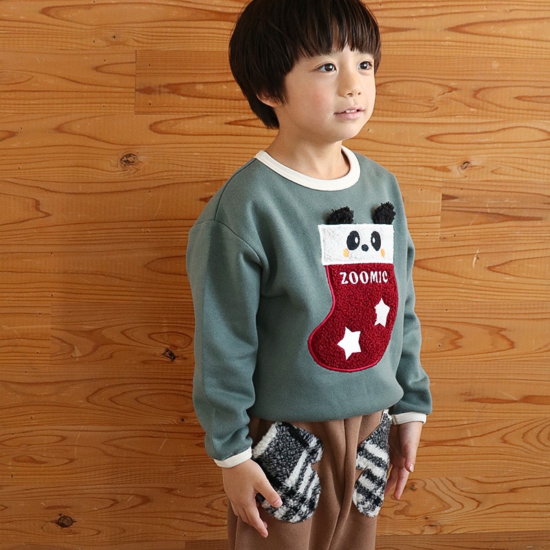 キッズ トレーナー 長袖 裏起毛 ベビー スウェット ボア アップリケ クリスマス プレゼント Xmas ギフト トップス アニマル 動物 くま パンダ 男の子 女の子 【ZOOMIC ズーミック】 パイル 肩ボタン 暖かい かわいい 可愛い キャラクター クマ 80 90 95 100 110 120 130