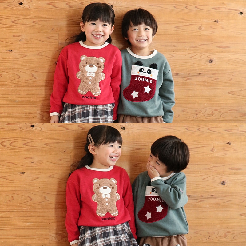 キッズ トレーナー 長袖 裏起毛 ベビー スウェット ボア アップリケ クリスマス プレゼント Xmas ギフト トップス アニマル 動物 くま パンダ 男の子 女の子 【ZOOMIC ズーミック】 パイル 肩ボタン 暖かい かわいい 可愛い キャラクター クマ 80 90 95 100 110 120 130