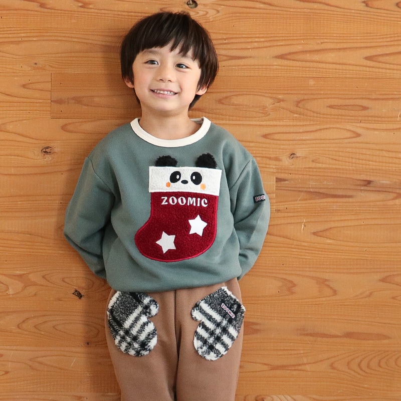 キッズ トレーナー 長袖 裏起毛 ベビー スウェット ボア アップリケ クリスマス プレゼント Xmas ギフト トップス アニマル 動物 くま パンダ 男の子 女の子 【ZOOMIC ズーミック】 パイル 肩ボタン 暖かい かわいい 可愛い キャラクター クマ 80 90 95 100 110 120 130