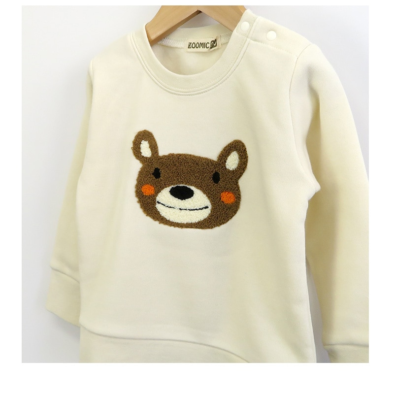 子供服 トレーナー 裏起毛 キッズ くま パンダ もこもこ刺繍 ボーイズ トップス 綿100% 長袖 ( 80-130cm) 【ZOOMIC】 ズーミック 男の子 裏毛 キッズ ベビー アニマル くすみ レトロ ゆったり ワイド 通園 通学 冬物 80 90 95 100 110 120 130 
