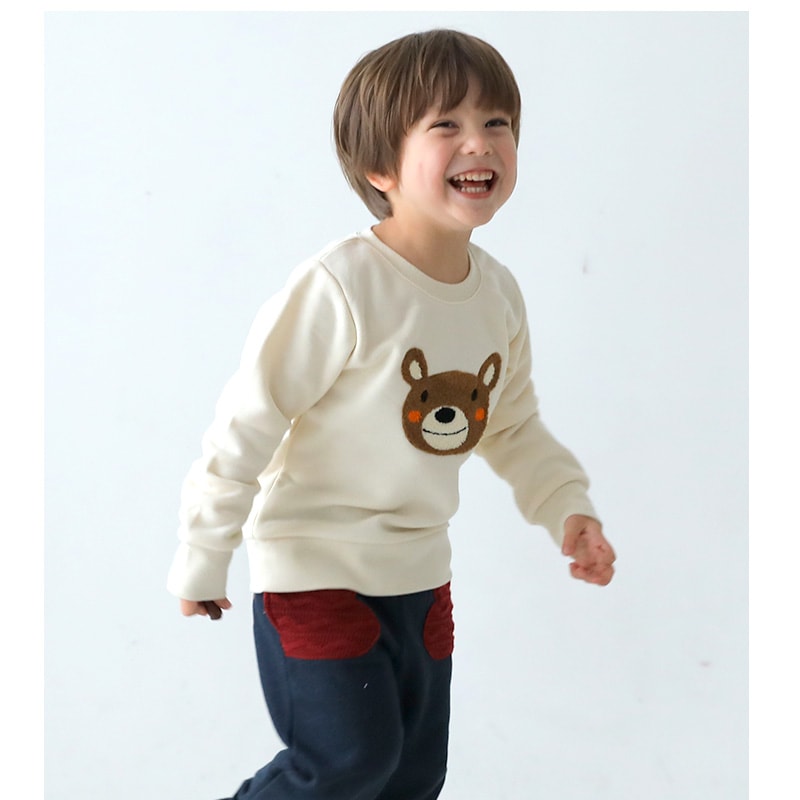 子供服 トレーナー 裏起毛 キッズ くま パンダ もこもこ刺繍 ボーイズ トップス 綿100% 長袖 ( 80-130cm) 【ZOOMIC】 ズーミック 男の子 裏毛 キッズ ベビー アニマル くすみ レトロ ゆったり ワイド 通園 通学 冬物 80 90 95 100 110 120 130 