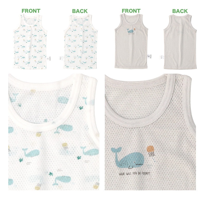 キッズ ベビー 肌着 2枚セット 2枚組 メッシュ 接触冷感 ランニング ノースリーブ アンダーウェア 子供 ( 80-95cm ) プリント くじら アニマル 動物 オールシーズン タンクトップ 子供服 80cm 90cm 95cm 出産準備 出産祝い