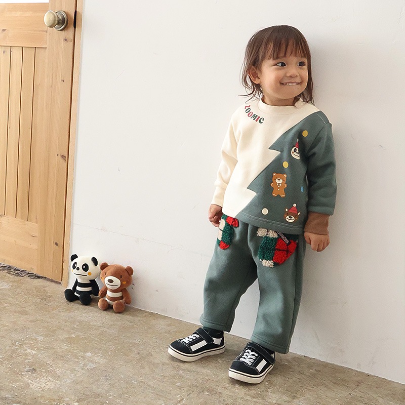 キッズ トレーナー 長袖 裏起毛 ベビー スウェット クリスマス ツリー プレゼント Xmas ギフト トップス アニマル 動物 くま パンダ 男の子 女の子 【ZOOMIC ズーミック】 パイル 切替 配色 肩ボタン 暖かい かわいい 可愛い キャラクター クマ 80 90 95 100 110 120 130