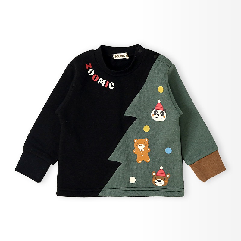 キッズ トレーナー 長袖 裏起毛 ベビー スウェット クリスマス ツリー プレゼント Xmas ギフト トップス アニマル 動物 くま パンダ 男の子 女の子 【ZOOMIC ズーミック】 パイル 切替 配色 肩ボタン 暖かい かわいい 可愛い キャラクター クマ 80 90 95 100 110 120 130