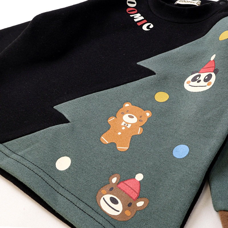 キッズ トレーナー 長袖 裏起毛 ベビー スウェット クリスマス ツリー プレゼント Xmas ギフト トップス アニマル 動物 くま パンダ 男の子 女の子 【ZOOMIC ズーミック】 パイル 切替 配色 肩ボタン 暖かい かわいい 可愛い キャラクター クマ 80 90 95 100 110 120 130