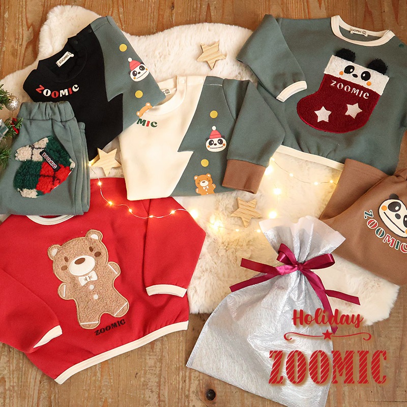 キッズ トレーナー 長袖 裏起毛 ベビー スウェット クリスマス ツリー プレゼント Xmas ギフト トップス アニマル 動物 くま パンダ 男の子 女の子 【ZOOMIC ズーミック】 パイル 切替 配色 肩ボタン 暖かい かわいい 可愛い キャラクター クマ 80 90 95 100 110 120 130