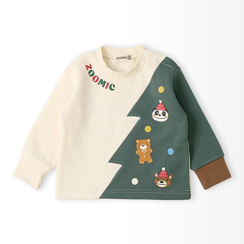 キッズ トレーナー 長袖 裏起毛 ベビー スウェット クリスマス ツリー プレゼント Xmas ギフト トップス アニマル 動物 くま パンダ 男の子 女の子 【ZOOMIC ズーミック】 パイル 切替 配色 肩ボタン 暖かい かわいい 可愛い キャラクター クマ 80 90 95 100 110 120 130