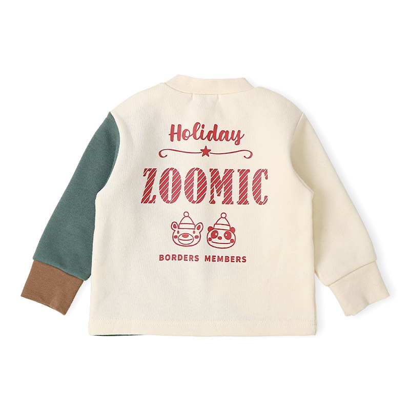 キッズ トレーナー 長袖 裏起毛 ベビー スウェット クリスマス ツリー プレゼント Xmas ギフト トップス アニマル 動物 くま パンダ 男の子 女の子 【ZOOMIC ズーミック】 パイル 切替 配色 肩ボタン 暖かい かわいい 可愛い キャラクター クマ 80 90 95 100 110 120 130
