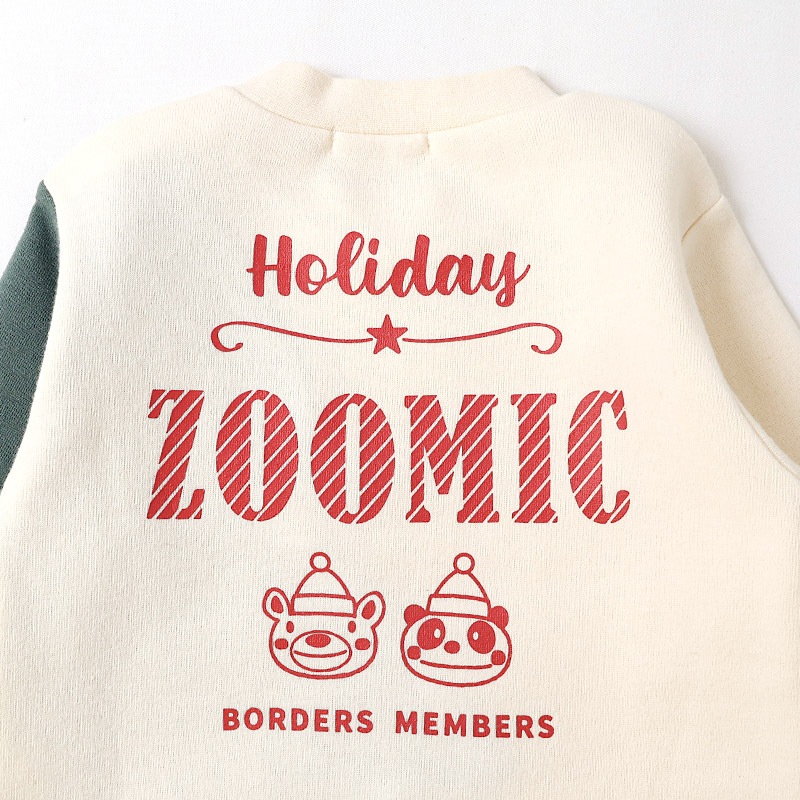 キッズ トレーナー 長袖 裏起毛 ベビー スウェット クリスマス ツリー プレゼント Xmas ギフト トップス アニマル 動物 くま パンダ 男の子 女の子 【ZOOMIC ズーミック】 パイル 切替 配色 肩ボタン 暖かい かわいい 可愛い キャラクター クマ 80 90 95 100 110 120 130