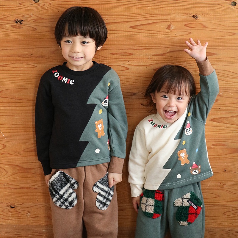 キッズ トレーナー 長袖 裏起毛 ベビー スウェット クリスマス ツリー プレゼント Xmas ギフト トップス アニマル 動物 くま パンダ 男の子 女の子 【ZOOMIC ズーミック】 パイル 切替 配色 肩ボタン 暖かい かわいい 可愛い キャラクター クマ 80 90 95 100 110 120 130