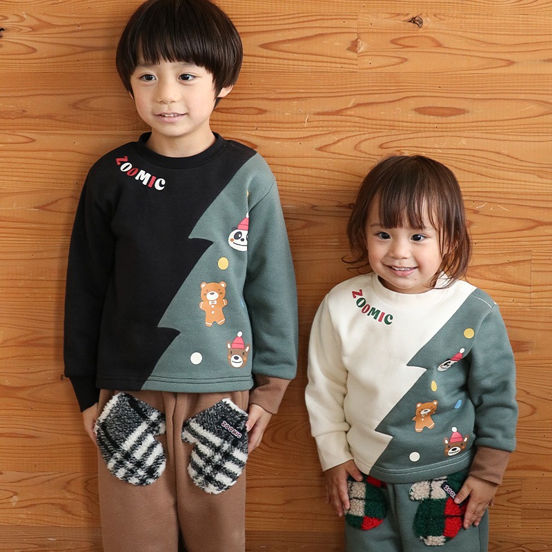 キッズ トレーナー 長袖 裏起毛 ベビー スウェット クリスマス ツリー プレゼント Xmas ギフト トップス アニマル 動物 くま パンダ 男の子 女の子 【ZOOMIC ズーミック】 パイル 切替 配色 肩ボタン 暖かい かわいい 可愛い キャラクター クマ 80 90 95 100 110 120 130