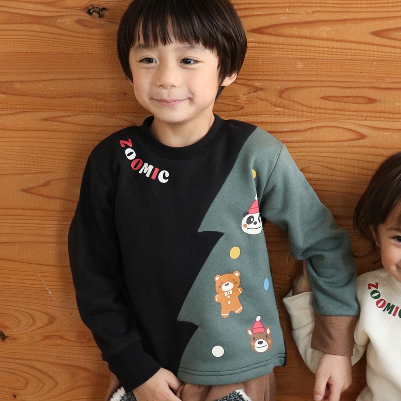キッズ トレーナー 長袖 裏起毛 ベビー スウェット クリスマス ツリー プレゼント Xmas ギフト トップス アニマル 動物 くま パンダ 男の子 女の子 【ZOOMIC ズーミック】 パイル 切替 配色 肩ボタン 暖かい かわいい 可愛い キャラクター クマ 80 90 95 100 110 120 130