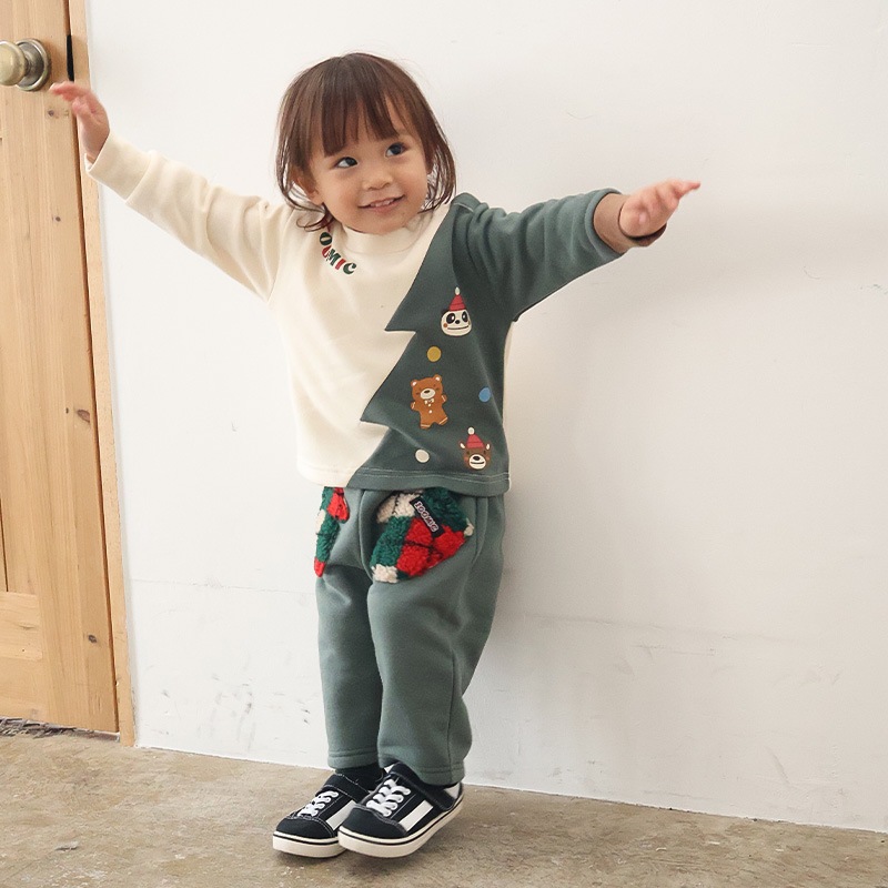 キッズ トレーナー 長袖 裏起毛 ベビー スウェット クリスマス ツリー プレゼント Xmas ギフト トップス アニマル 動物 くま パンダ 男の子 女の子 【ZOOMIC ズーミック】 パイル 切替 配色 肩ボタン 暖かい かわいい 可愛い キャラクター クマ 80 90 95 100 110 120 130