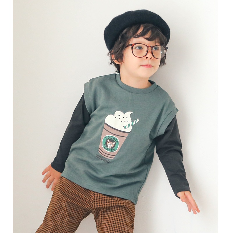 子供服 Tシャツ 長袖 天竺 裏毛 ベスト 重ね着風 レイヤード風 (80