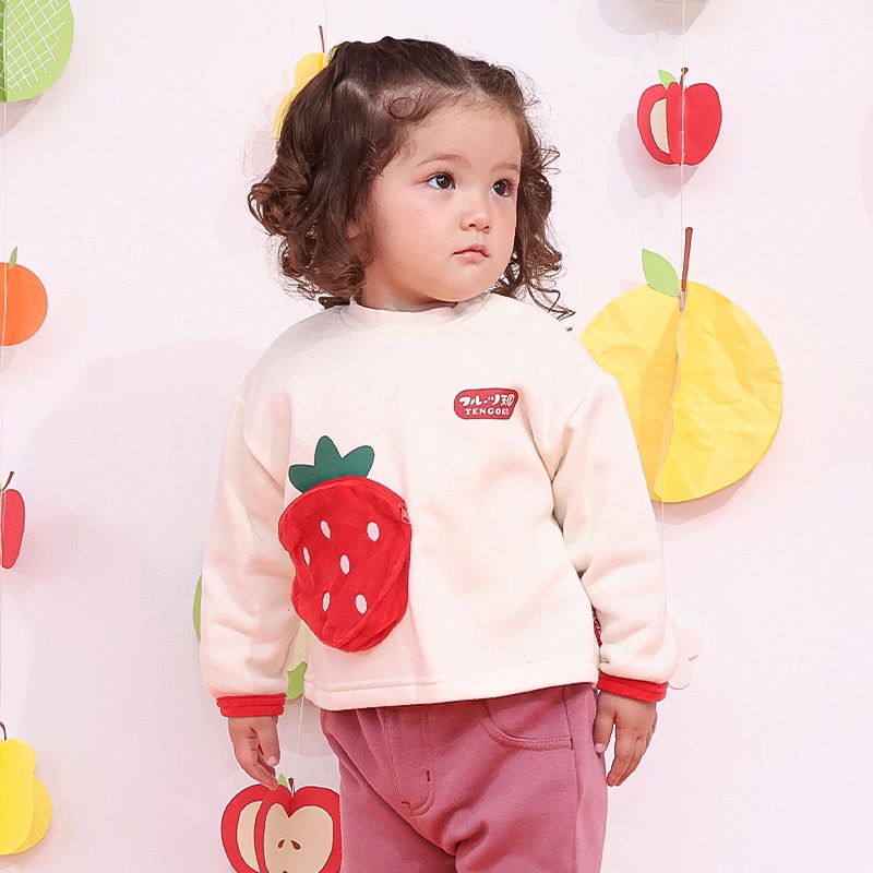 キッズ スウェットトレーナー 長袖 裏起毛 起毛あり フルーツ 立体ポケット ベビー トップス 男の子 女の子【フルーツ天国】 苺 いちご イチゴ バナナ くだもの 果物 可愛い かわいい お揃い ペア カットソー 起毛トリコット 暖かい 防寒 80 90 95 100 110 120 130