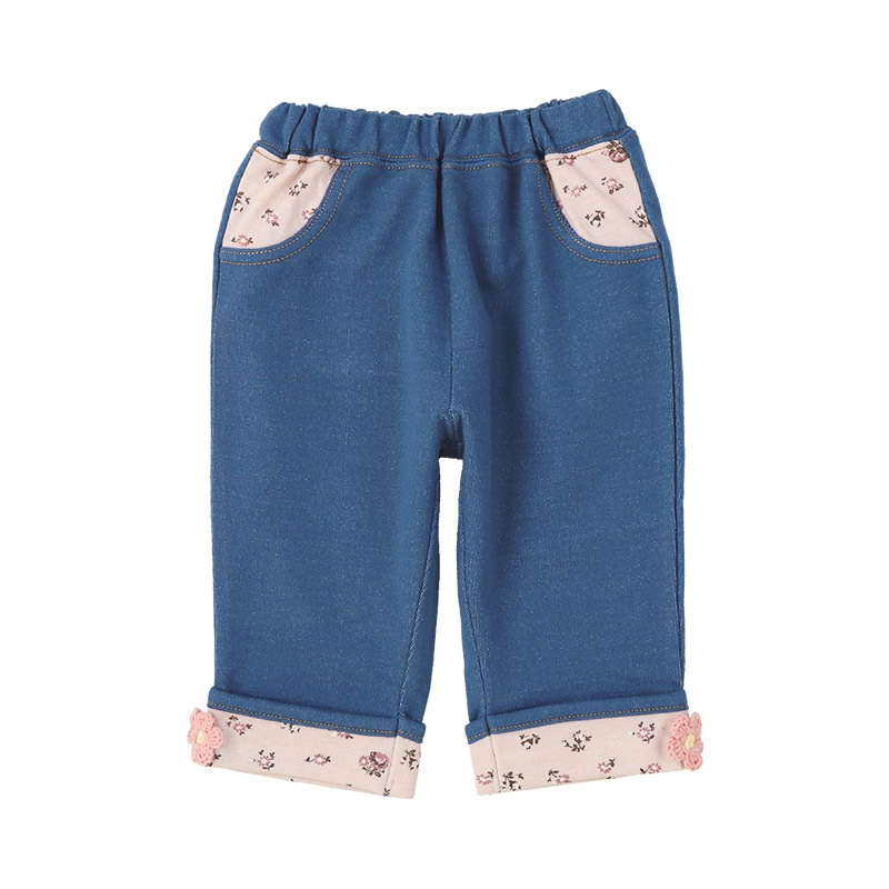 7分丈パンツ ニットデニム ガールズ 女の子 キッズ ベビー ( 80-130cm )【 UZULAND ウズランド 】 カジュアル ストレッチパンツ ジーパン ポケット付き 裾折り曲げ ロールアップ 小花柄 フラワー くすみカラー ピンク ネイビー 秋物 80cm 90cm 95cm 100cm 110cm 120cm 130cm
