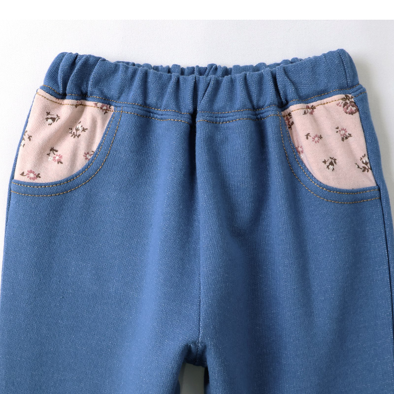 7分丈パンツ ニットデニム ガールズ 女の子 キッズ ベビー ( 80-130cm )【 UZULAND ウズランド 】 カジュアル ストレッチパンツ ジーパン ポケット付き 裾折り曲げ ロールアップ 小花柄 フラワー くすみカラー ピンク ネイビー 秋物 80cm 90cm 95cm 100cm 110cm 120cm 130cm
